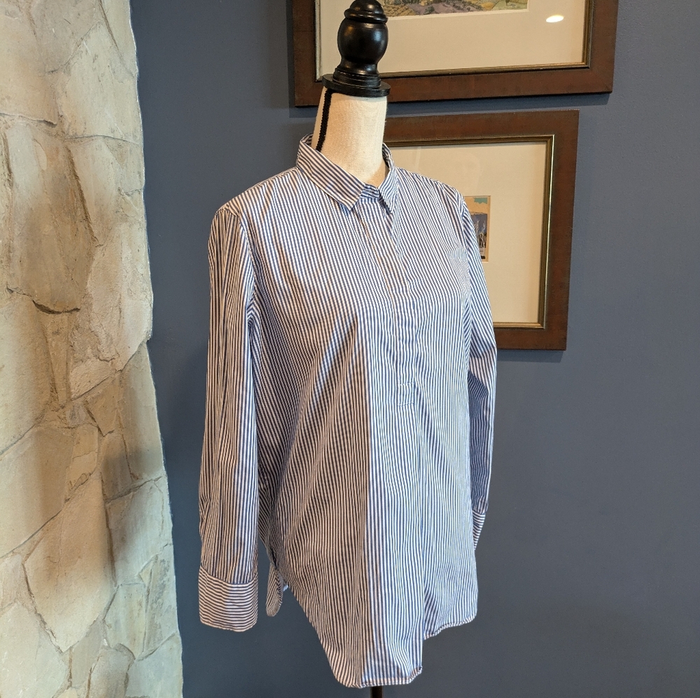 AYR Poplin Popover Blouse In Blue & White Oxford Stripe